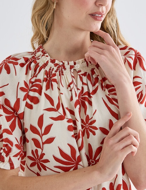 Zest Linen Blend Shirred Neck Top, Brick Floral product photo View 04 L