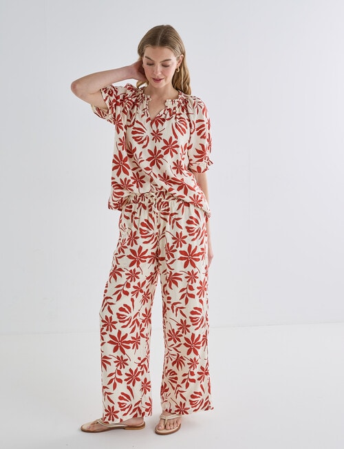 Zest Linen Blend Wide Leg Pant, Brick Floral product photo