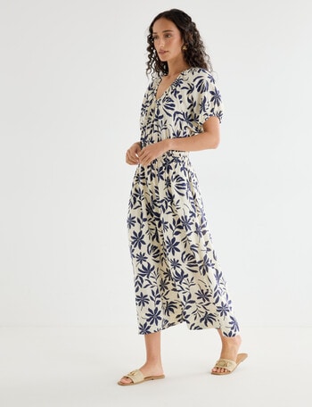 Zest Linen Blend V-Neck Midi Dress, Navy Floral product photo
