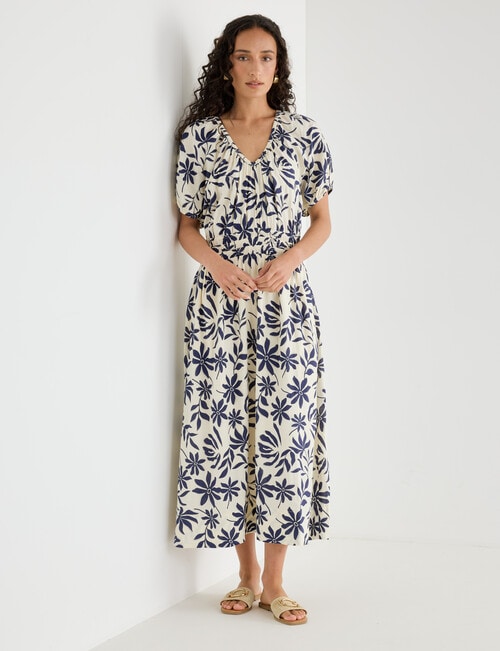 Zest Linen Blend V-Neck Midi Dress, Navy Floral product photo View 03 L