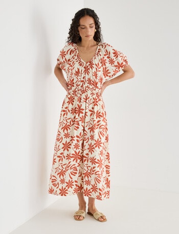 Zest Linen Blend V-Neck Midi Dress, Brick Floral product photo