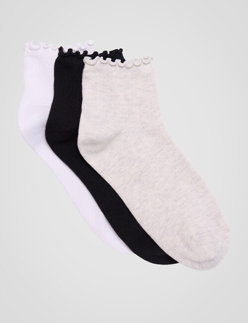 Simon De Winter Rib Lettuce Edge Quarter Crew Sock , 3-Pack, Grey, Black & White product photo