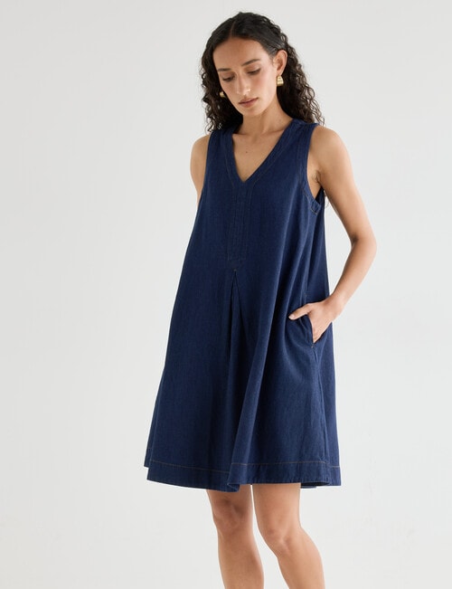 Zest V-Neck A-Line Chambray Dress, Deep Blue product photo View 03 L