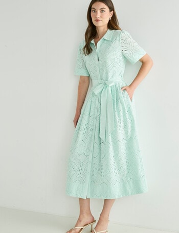 Whistle Short Sleeve Broderie Midi Shirt Dress, Honey Dew product photo