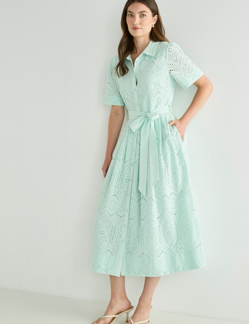 Whistle Short Sleeve Broderie Midi Shirt Dress, Honey Dew product photo