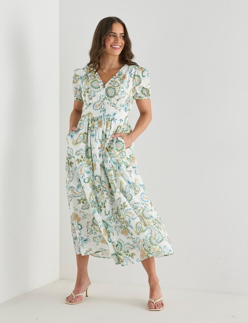 Whistle Button Front Print Broderie Midi Dress, White product photo
