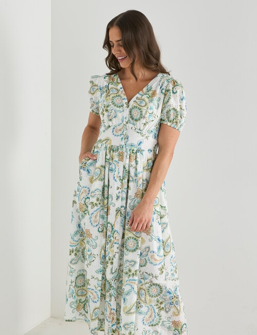 Whistle Button Front Print Broderie Midi Dress, White product photo View 03 L