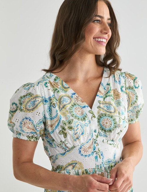 Whistle Button Front Print Broderie Midi Dress, White product photo View 04 L