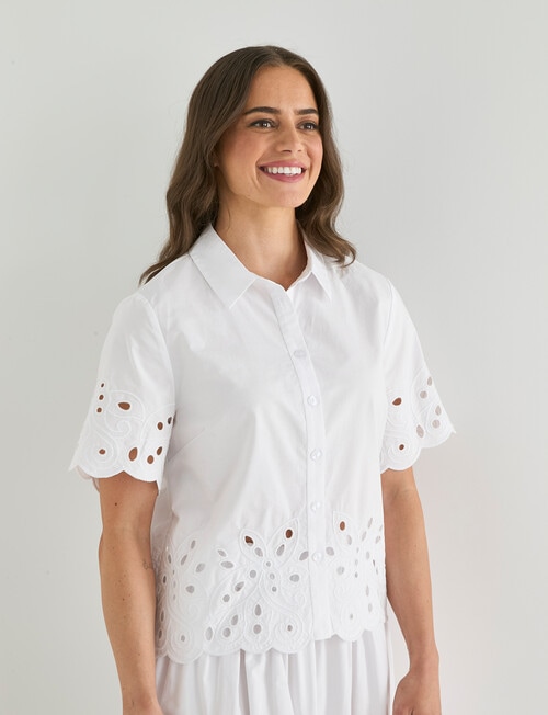 Whistle Short Sleeve Broderie Hem Shirt, White product photo View 04 L