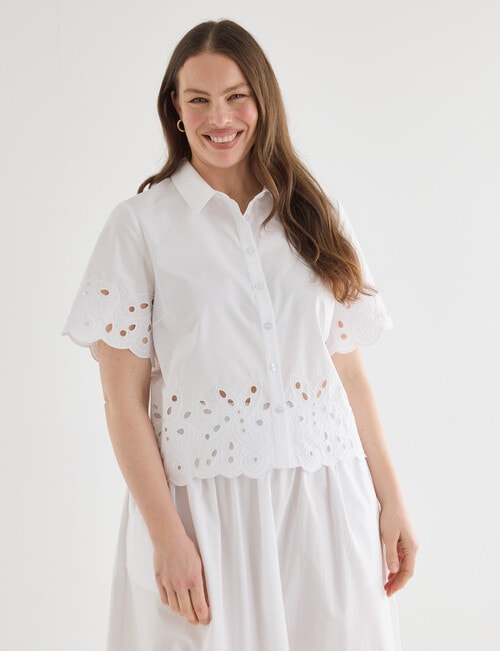 Whistle Short Sleeve Broderie Hem Shirt, White product photo View 12 L