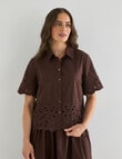 Whistle Short Sleeve Broderie Hem Shirt, Chocolate product photo