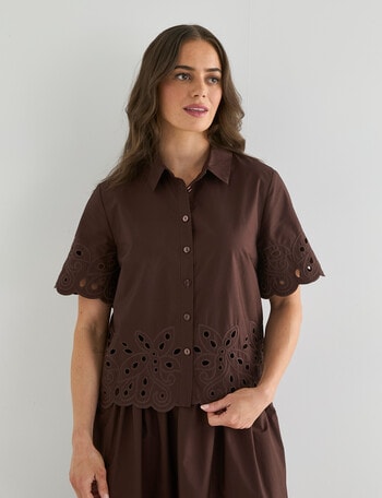 Whistle Short Sleeve Broderie Hem Shirt, Chocolate product photo