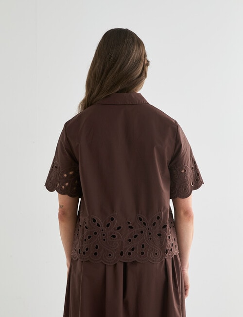 Whistle Short Sleeve Broderie Hem Shirt, Chocolate product photo View 02 L