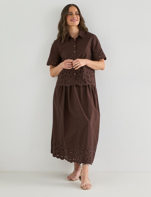 Whistle Short Sleeve Broderie Hem Shirt, Chocolate product photo View 03 L
