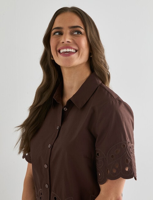 Whistle Short Sleeve Broderie Hem Shirt, Chocolate product photo View 04 L