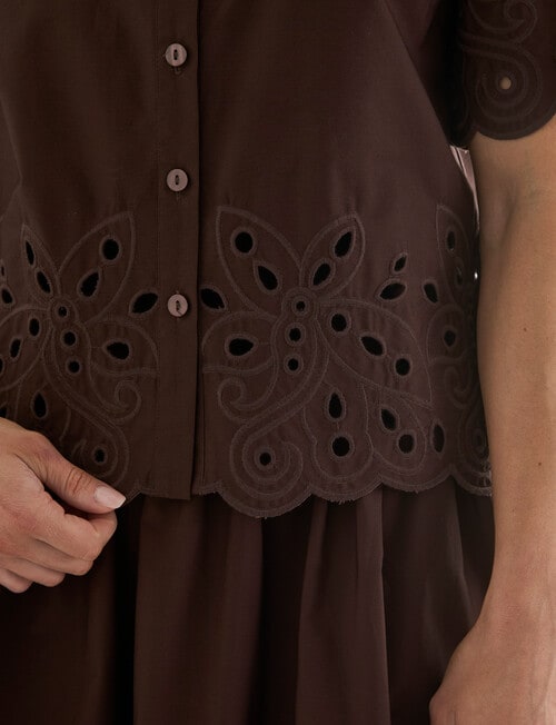 Whistle Short Sleeve Broderie Hem Shirt, Chocolate product photo View 05 L