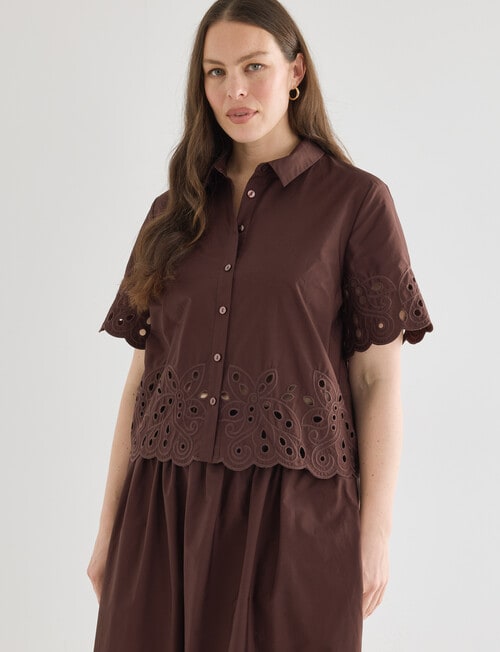 Whistle Short Sleeve Broderie Hem Shirt, Chocolate product photo View 12 L