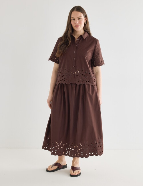 Whistle Short Sleeve Broderie Hem Shirt, Chocolate product photo View 13 L