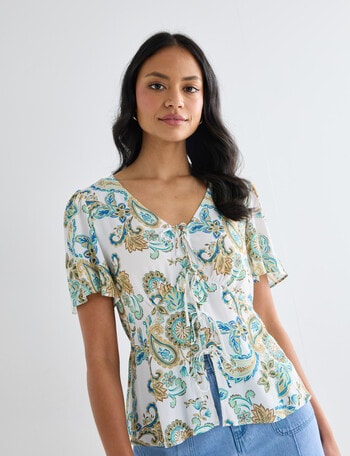 Whistle Paisley Short Sleeve Tie Front Top, White product photo