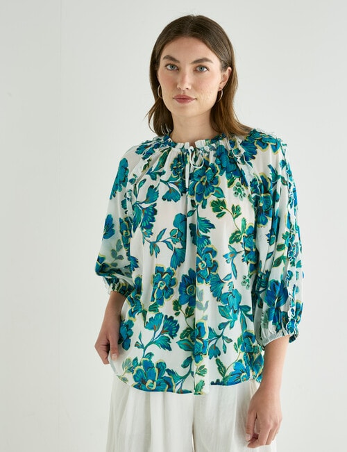 Whistle Boho Ruffle Blouse, Floral Tealy Tones product photo View 07 L