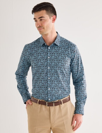 L+L Tailored Printed Cotton Mix Shirt, Teal product photo