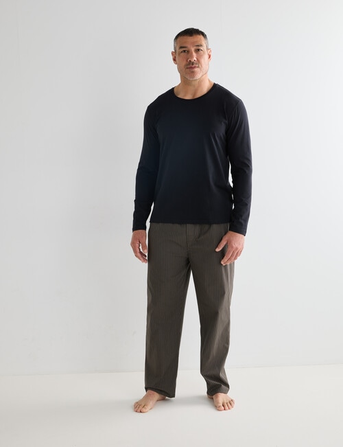 Chisel Knit Top with Woven Stripe Pant Long PJ Set, Khaki, Black & Stone product photo