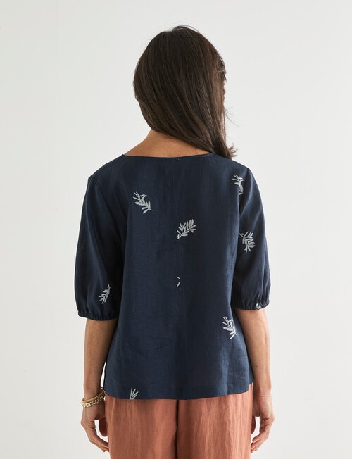 Ella J Linen V-Neck Top, Navy Print product photo View 02 L