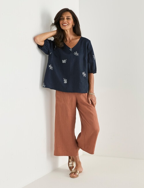 Ella J Linen V-Neck Top, Navy Print product photo View 03 L