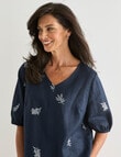 Ella J Linen V-Neck Top, Navy Print product photo View 04 S
