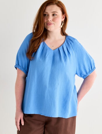 Amy & Ivy Short Sleeve Pleated V-Neck Top, Cornflower product photo