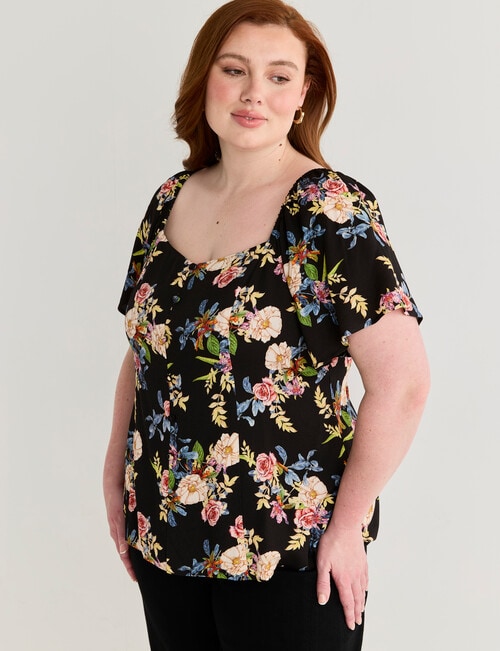 Amy & Ivy Button Front Shirred Back Top, Noir Blooms Print product photo