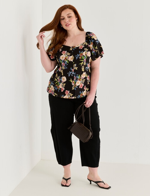 Amy & Ivy Button Front Shirred Back Top, Noir Blooms Print product photo View 03 L