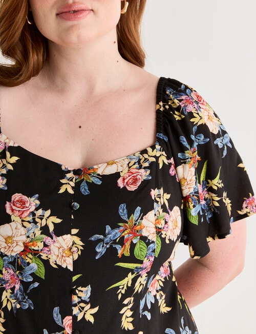 Amy & Ivy Button Front Shirred Back Top, Noir Blooms Print product photo View 04 L