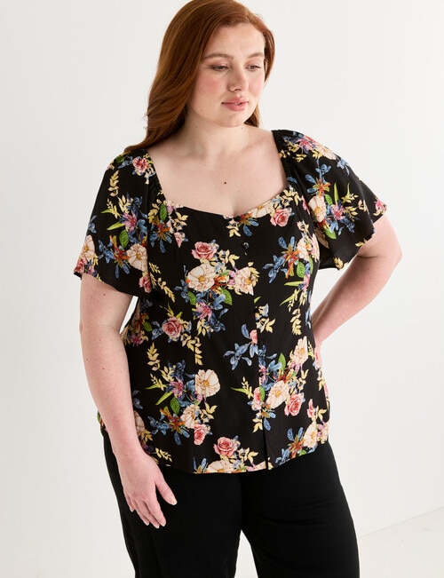 Amy & Ivy Button Front Shirred Back Top, Noir Blooms Print product photo View 05 L