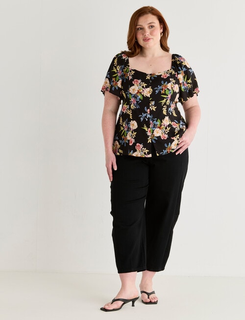 Amy & Ivy Button Front Shirred Back Top, Noir Blooms Print product photo View 06 L