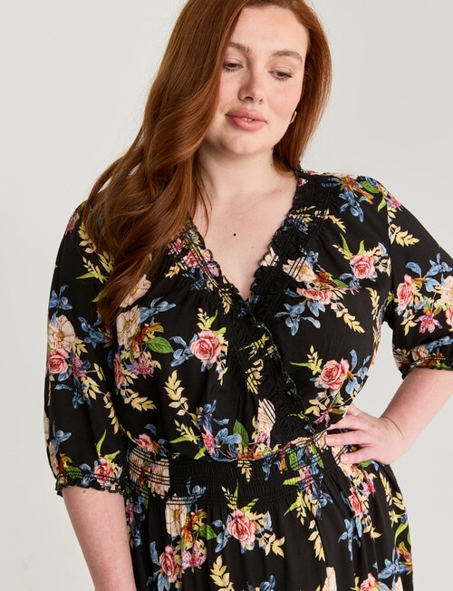 Amy & Ivy Shirred X-Over Neck Midi Dress, Noir Blooms Print product photo View 04 L