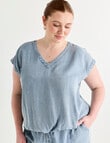 Amy & Ivy Lyocell V-Neck Drawcord Hem Top, Mid Blue product photo