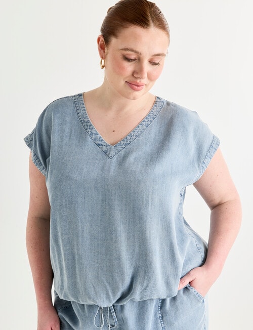 Amy & Ivy Lyocell V-Neck Drawcord Hem Top, Mid Blue product photo