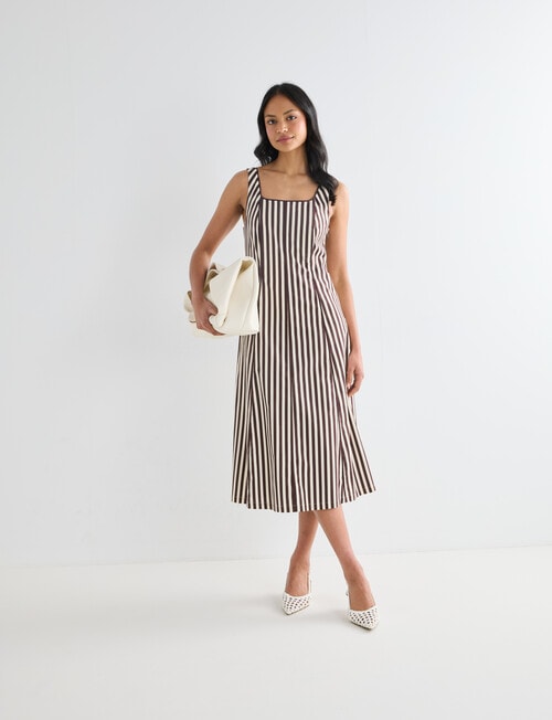Whistle Stripe Square Neck Piped Midi Dress, Chocolate product photo View 03 L
