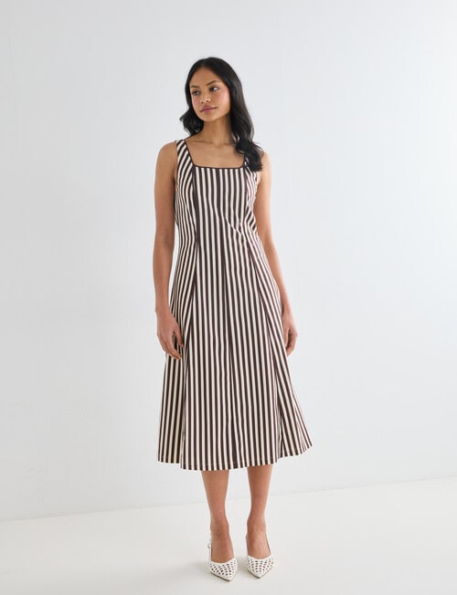 Whistle Stripe Square Neck Piped Midi Dress, Chocolate product photo View 07 L