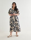 Studio Curve Linen Blend Stylised Flower Centre Front Pleat Dress, Natural & Ink product photo