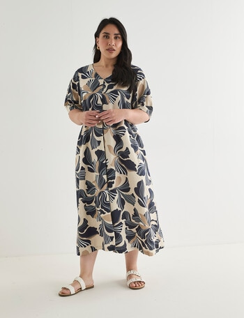 Studio Curve Linen Blend Stylised Flower Centre Front Pleat Dress, Natural & Ink product photo