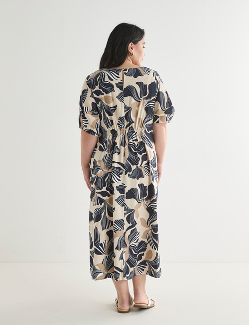 Studio Curve Linen Blend Stylised Flower Centre Front Pleat Dress, Natural & Ink product photo View 02 L