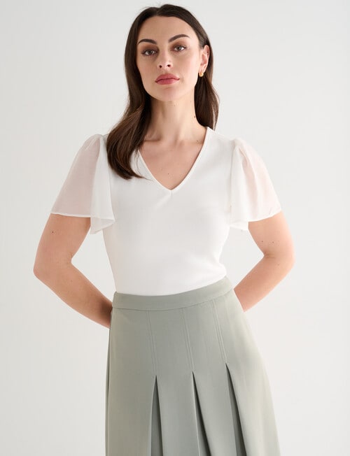 Oliver Black V-Neck Rib Flutter Sleeve Top, Ivory product photo View 06 L