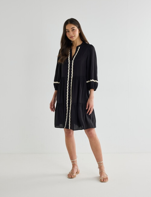Whistle Three Quarter Sleeve Ric Rac Trim Dress, Black - Dresses
