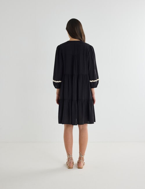 Whistle Three Quarter Sleeve Ric Rac Trim Dress, Black - Dresses