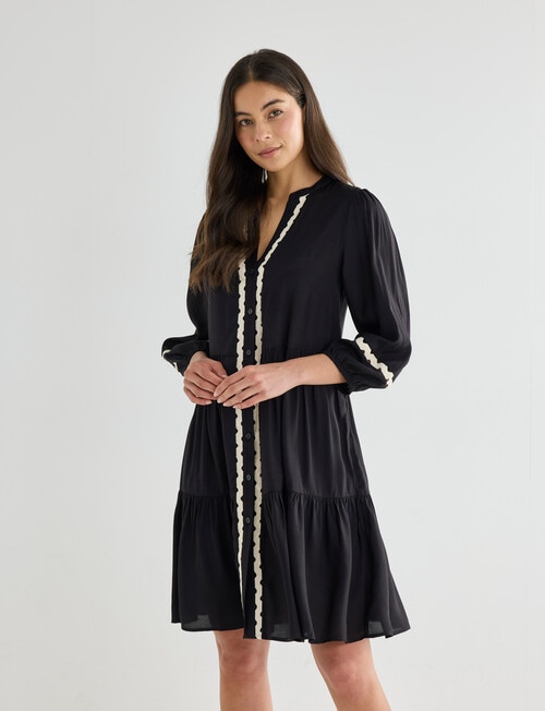 Whistle Three Quarter Sleeve Ric Rac Trim Dress, Black - Dresses