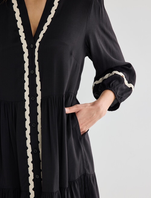 Whistle Three Quarter Sleeve Ric Rac Trim Dress, Black - Dresses