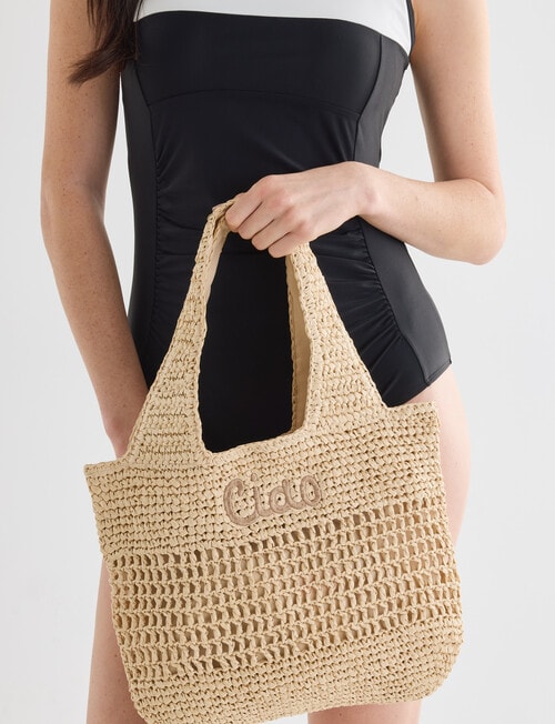 Zest Resort Paper Straw Embroidered Slouchy Tote Bag, Natural product photo