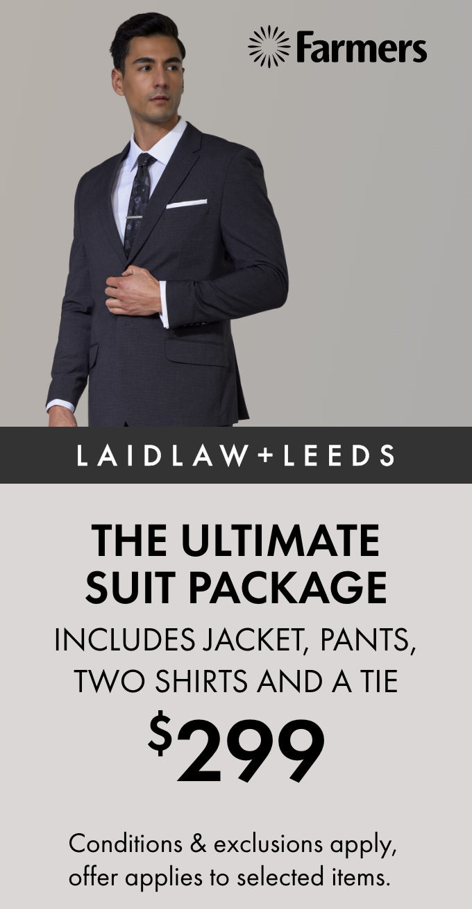 FOR $299 The Ultimate Suit Package includes Jackets, Pants, two Shirts & a Tie.